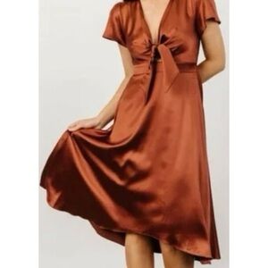Baltic Born Midi Poppy Satin Tie Front Dress in Cinnamon